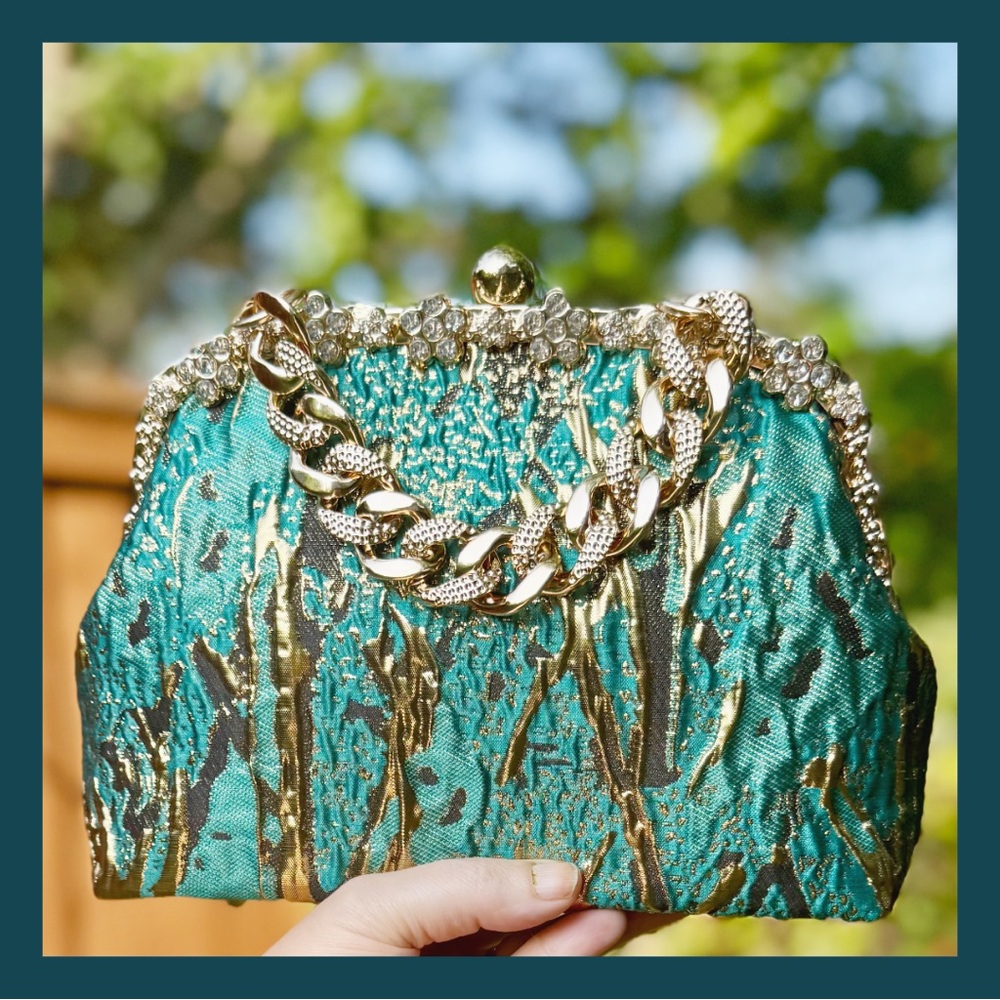 Elegant Teal & Golden Bag, Rhinestone Accents & 2 Chain Straps/Handbag,Crossbody